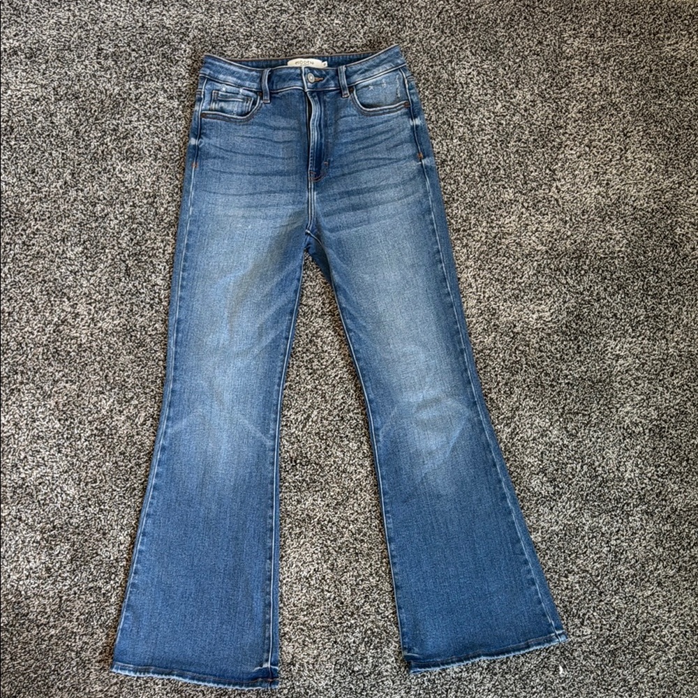 Vintage Blue Flare Wide Leg Jeans with Raw Hem